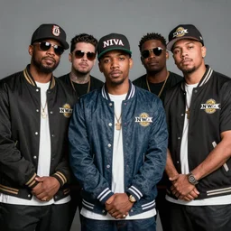 professional front photo of the NWA rap group, intricate, trending on instagram, high detail, realistic, front photo, sharp focus, 1986 photo, award winning