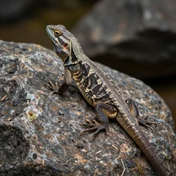 alien lizard on a rock, hyper realism, dslr, 8 k, dynamic lighting