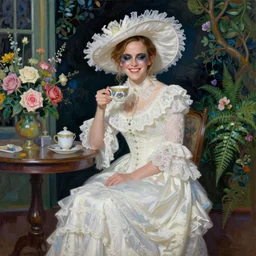 thick paint brush strokes full body fashion model smiling squinting emma watson by Jeremy Lipking by Hasui Kawase by Richard Schmid (((smokey eyes makeup eye shadow fantasy, glow, shimmer as victorian woman in a long white frilly lace dress and a large white hat having tea in a sunroom filled with flowers, roses and lush fern flowers ,intricate, night, highly detailed, dramatic lighting))) , high quality