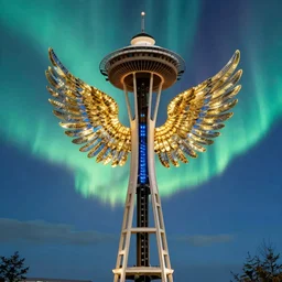 plastic blue gigantic radiant shining golden angels silhouetted layered strongly into intense vivid aurora above space needle centered big sky film long exposure fuji wide angle national geographic