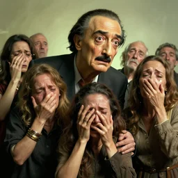 a group of characters crying in a surreal environment by salvador dali, highly detailed, 3 d render, vray, octane, realistic lighting, photorealistic
