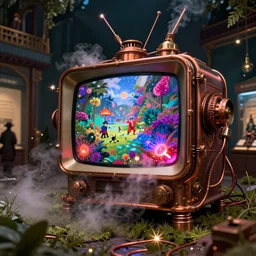 A glowing electrical Steampunk Flat Screen Television in a victorian museum, james gurney, cinematic lighting, lots of steam and sparks, wires made of copper, artstation, vibrant nature, Tuomas Korpi, tekkon kinreet, volumetric light, artstation, , octane render, redshift render, low angle camera, rich deep moody colors