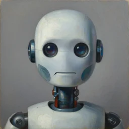 super - intelligent robot with kind eyes portrait, pj crook, grant wood, oil on canvas