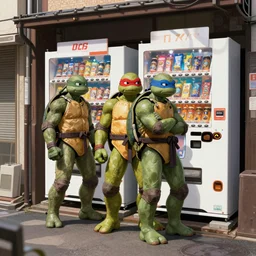 cartoon teenage mutant ninja turtles, standing in front of a vending machine outside of a japanese convenience store, in narrow tokyo alleyway, beautiful light and shadows, d & d, fantasy, highly detailed, digital painting, artstation, concept art, sharp focus, illustration, in style of guweiz and wlop and nixeu