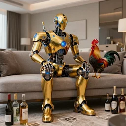 portrait photo of a shiny golden and blue metallic futuristic steampunk humanoid robot and a rooster sitting on a sofa in a modern hotel room, many bottles on the floor, pressphoto, insanely detailed, wide shot