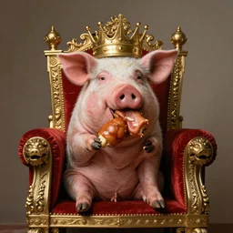 pig wearing a gold crown sitting on a kings throne eating a pork rind in the style of Picasso, 8k resolution, award winning, realistic, cinematic concept art