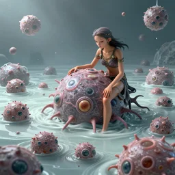 the first cells bathing in the milk of gaia, procreation, overpopulation sci - fi steampunk, by james jean and moebius, highly detailed, 4 k, vray, 3 d, render.