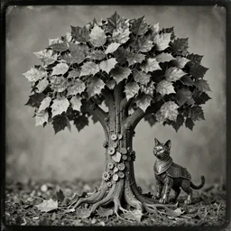 macro long depth of field shot of daguerrotype soviet realist cataphract fierce tree made of leaves, wide aperture, intricate, highly detailed, artstation, sharp focus, artgerm