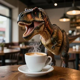 a photograph of a tyrannosaurus drinking a cup of coffee at a restaurant