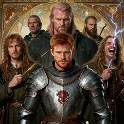stunning portrait of ( ( ( ( red haired chris hemsworth ) ) ) ) as destruction from sandman looking like kristofer hivju!!, medival armour, by jeremy mann, by frank moth, by jeff easley, by alphonse mucha, dave mckean, laugthing, soft lightning, high detailed, 8 k