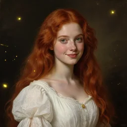 a highly detailed, hyper realistic red haired young woman, white romantic dress with intricate details, among golden fireflies, long hair, green eyes, hint of freckles, round gentle face, cheeky smile, deep focus, elegant, smooth, sharp, golden ratio, digital painting, art by artemisia lomi gentileschi and caravaggio