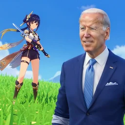 Image of handsome photorealistic Joe Biden and an anime swordfighter girl on a bright green grassy hill with a deep blue sky in Genshin Impact, pixiv, game art, digital art, anime screenshot, kyoto animation, makoto shinkai, trending on artstation