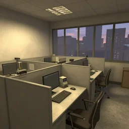 An office at 3AM with multiple cubicles and a window that provides a view of the city, Source Engine, Gmod, Half Life 2