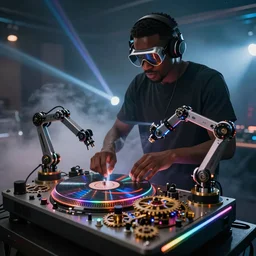 a black man wearing goggles and visor and headphones using an intricate clockwork record player turntable contraption, robot arms, turntablism dj scratching, intricate planetary gears, smoky atmosphere, cinematic, sharp focus, led light strips, bokeh, iridescent, black light, fog machine, hazy, lasers, spotlights, motion blur, color