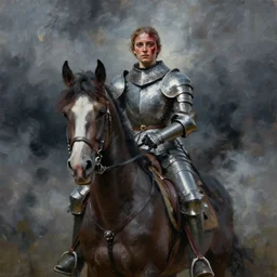 action painting of joan of arc riding a horse in armor through dark clouds and billowing smoke, facing the camera, loose brush strokes, sweaty and bloody face, by wlop, by greg rutkowski, by christophe young, by raymond swanland