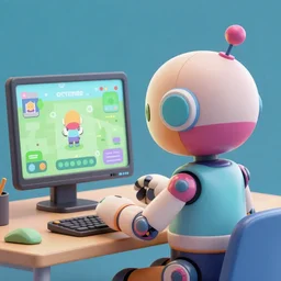a picture of a cute colorful humanlike robot seen from behind, the robot is playing a game on a computer, octane render, 3 d model