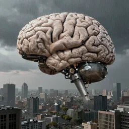 giant mechanical brain, city is pure wasteland, rain, dusk, low saturation, alphonse mucha, greg rutkowski, trending on artstation, artgerm, breathtaking, sharp focus, smooth, mark arian, award winning, highly detailed 4 k art