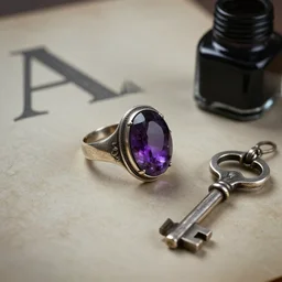 still life, letters, inks, vintage, antique, 1 7 th century male ring with amethyst cabochon, silver, key, dark academia, photorealistic, soft lighting, cinematic, detailed