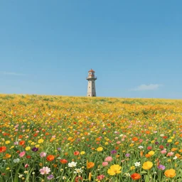 the lonely tower in a field of flowers landscape by mike winkelmann, magic realism matte painting, vibrant colors, highly detailed