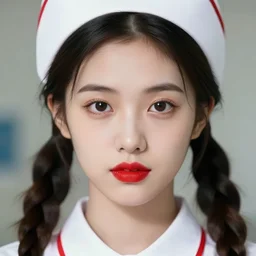 closeup portrait of a young cute nurse with bright red lipstick and pigtails, depth of field, zeiss lens, detailed, symmetrical, centered, fashion photoshoot, by Annie Leibovitz and Steve McCurry, David Lazar, Jimmy Nelsson, Breathtaking, 8k resolution, extremely detailed, beautiful, establishing shot, artistic, hyperrealistic, beautiful face, octane render