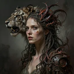 ultra realist intricate detailed portrait of an attractive female turning into an animal, insanity, accurate features, apocalyptic, very intricate details, 8 k resolution, dim lighting, volumetric lighting, artstyle, zdzisław beksinski and keith thompson, award winning