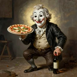 wrinkled! old man wearing pulcinella mask, with a pizza! margherita di napoli, with a bottle of wine, drunk appearance, lowbrow, artistic, dramatic backlight, full body, wide angle, ultrafine detailed caricarture painting by william hogarth, trending on deviantart, masterpiece