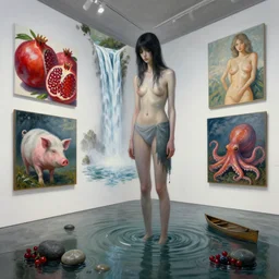painting of a flooded odawara art gallery, painting of a tall emo girl, paintings on the wall, pomegranates, waterfall,, pigs, octopus, canoe, berries, stones, sensual, surrealist, by magritte and monet