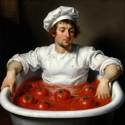 a chef sitting in a bathtub full of tomato sauce, dinner is served, by giuseppe arcimboldo and ambrosius benson, renaissance, fruit, intricate and intense oil paint, realistic