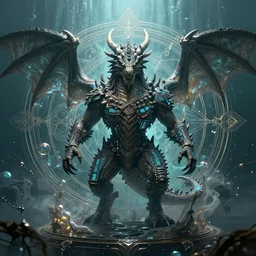 a centered render of an ancient futuristic elden ring dragon with digital modifications surrounded by a underwater ink pour and flowing liquid gallium and complex sacred geometry, perfect body and face, powerful, cinematic, beautifully lit, by beeple, by artgerm, by karol bak, 3 d, trending on artstation, octane render, 8 k