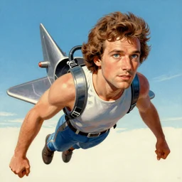 portrait of a man flying a jetpack!! retro 8 0 s style, colourful, accurate, realistic illustration, art by peter elson