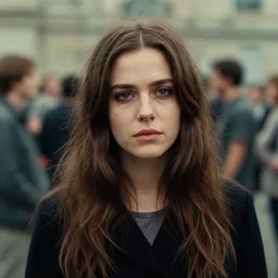 film still of a beautiful young woman who looks like a young bjork, random background scene
