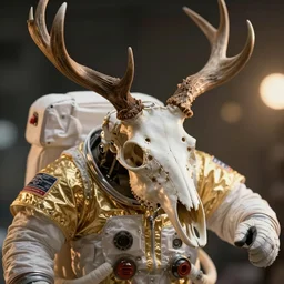 ornate deer skull in astronaut suit, gold linens, cinematic lighting, dramatic,  octane render, long lens, shallow depth of field, bokeh, anamorphic lens flare, 8k, hyper detailed