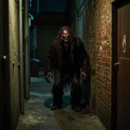 found footage shot at night. urban alleyway. creepy monster hiding. horrific. hd photography.