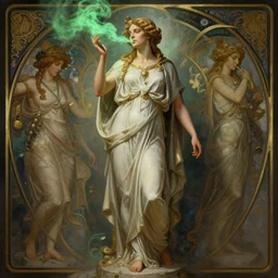 epic masterpiece full body portrait of the Oracle at Delphi, female, gauze dress, inhaling the green fumes, highly detailed, digital painting, artstation, concept art, sharp focus, illustration, art by artgerm and greg rutkowski and alphonse mucha