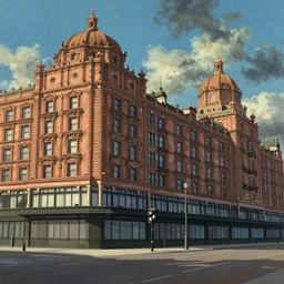 harrods in london, natural lighting, wide angle, intricate details, fantasy atmosphere, matte painting, illustration, by hayao miyazaki
