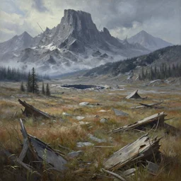 landscape painting of destroyed meadows with destroyed mountainrange in background, cyber world war 3, nuclear bomb crater, ai enemy, cyber war, dystopian wasteland, destroyed nature, apocalyps, winter, fine details, magali villeneuve, artgerm, rutkowski