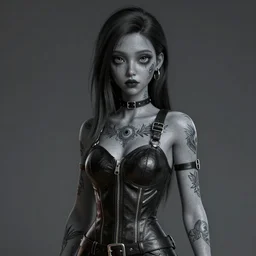 Hot young woman, grey skin, void eyeballs, tattoos, wearing leather, digital art, concept art, 4k, 8k