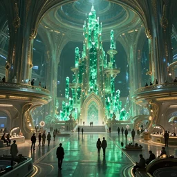 cel shaded cinematic shot of the interior of a sci-fi space station with ornate Elven architecture bustling with people, epic castle, emerald, crystalline, detailed illustration, sharp focus, concept art by Moebius, Jean Giraud Moebius