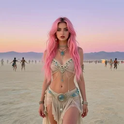 portrait of a beautiful girl, pink hair, desert dress, burning man festival, people in the far distance dancing, pastel shades of sunset colors, beautiful face, rule of thirds, intricate outfit, spotlight, by greg rutkowski, by jeremy mann, by francoise nielly, by van gogh, digital painting