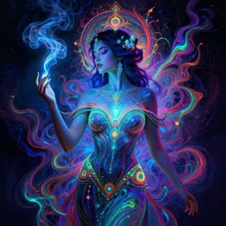 psychedelic [ [ [ chemiluminescence ] ] ] elegant woman chakra spirit with smoke and fluid dynamics, colorful, psychedelic, ornate, intricate, digital painting, concept art, smooth, sharp focus, illustration, blacklight reacting, art by artgerm and greg rutkowski