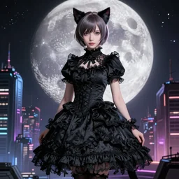 beautiful ultra realistic full body digital art of aigis from persona 3 with cat ears standing in a black gothic frilly dress, beautiful drawn by yoji shinkawa. backdrop showing spectacular view of lunar cyberpunk city by greg rutkowski high quality render in unreal engine 5, next gen, 8 k