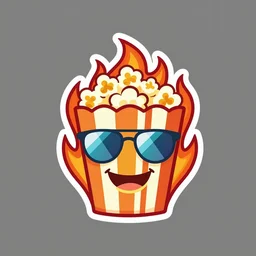 vector logo featuring a flaming piece of popcorn with a smiling face, with mirrorshades sunglasses, popcorn as morpheus, clean composition, symmetrical