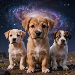 cutest puppies in the universe, galaxy background, large puppy eyes