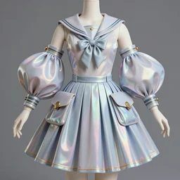 designer magical girl figure collection ball shaped accordion sleeve haute couture, sailor uniform, midi skirt, coat pleats, synthetic curves striking pose, dynamic folds, cute huge pockets hardware, volume flutter, youthful, modeled by modern designer bust, body fit, award fashion, holographic tones, expert composition, high detail, professional retouch, editorial photography