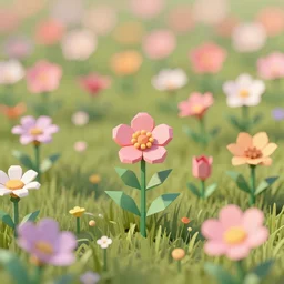 3 d render low poly art, flowers, field of dreams, unreal engine, dreamy, bokeh