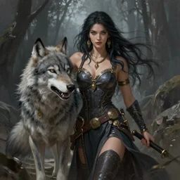 A strong bacchanalian fantasy heroine with her wolf,  highly detailed, digital painting, artstation, concept art, smooth, sharp focus, illustration, ArtStation, art by Artgerm, Greg Rutkowski, Alphonse Mucha, Edmund Blair Leighton and Charlie Bowater