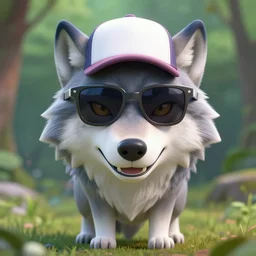 full body wolf wearing sunglasses and a baseball cap, symmetrical face. symmetrical detailed defined eyes. isekai background style, nature, elegant, gorgeous, beautiful, seaky, laughing, 8 k, octane render, 3 d
