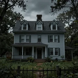 ultra realistic color photo of a spooky three storey colonial home in the overgrown new england countryside in 1 9 2 5, highly detailed, dark, atmospheric, brooding, lovecraft, in the style of paul carrick