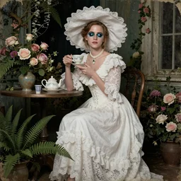 on worn out canvas textured canvas wall full body fashion model emma watson smokey eyes makeup eye shadow fantasy, glow, shimmer as victorian woman in a long white frilly lace dress and a large white hat having tea in a sunroom filled with flowers, roses and lush fern flowers ,intricate, night, highly detailed, dramatic lighting , high quality