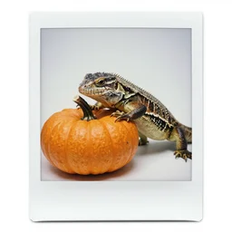 a lizard eating a pumpkin, creepy, polaroid, color